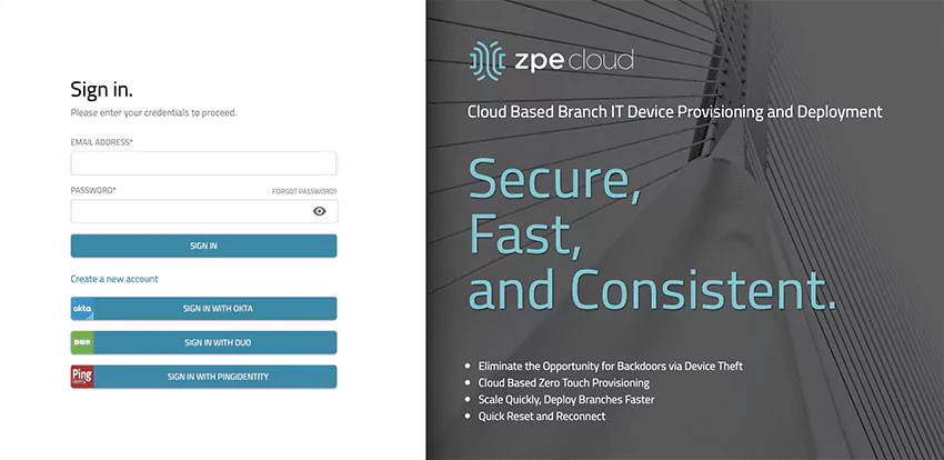 ZPE Cloud Login Screen