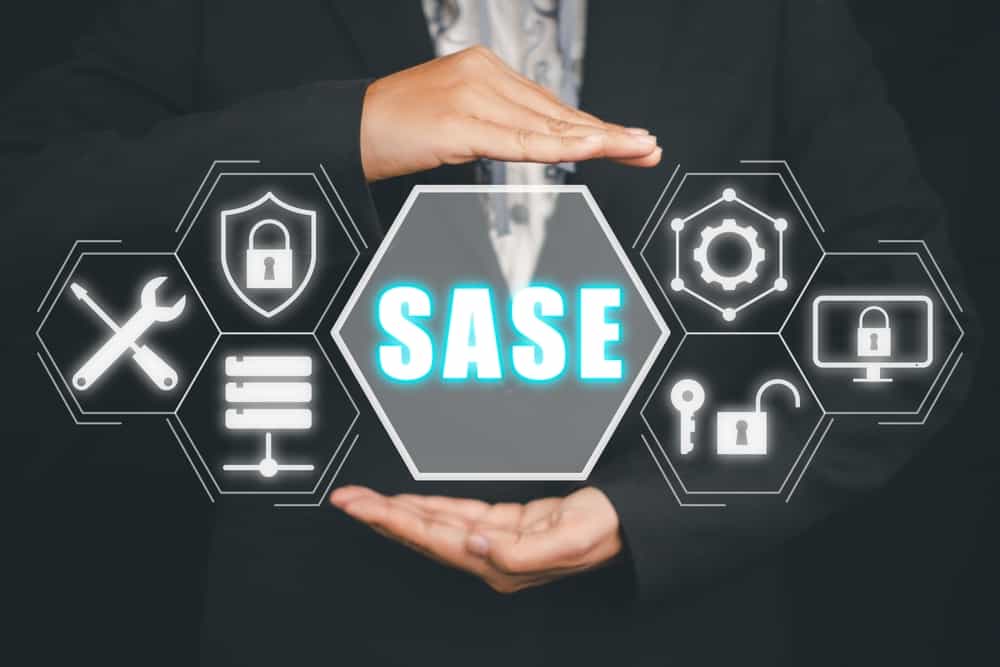Hands displaying SASE network security concept icons.