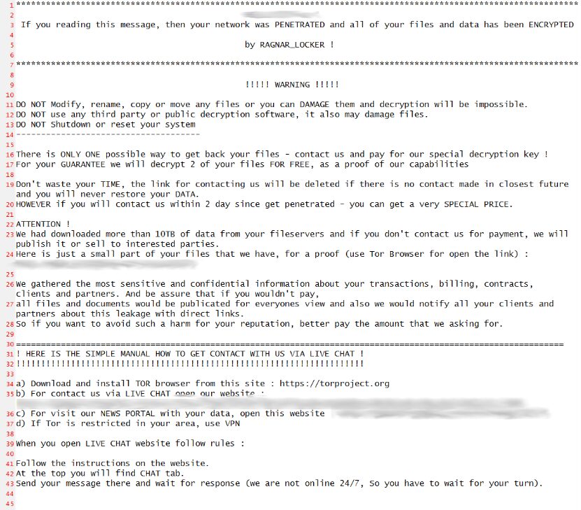 A Ragnar Locker ransomware message shown in a notes file.