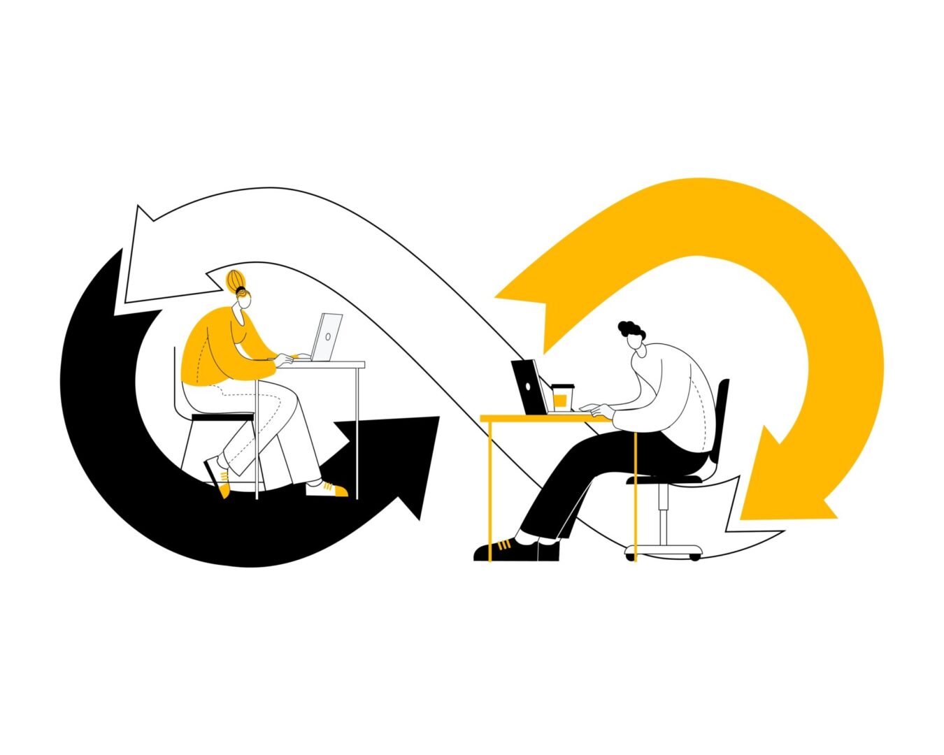 Collaboration in DevOps is illustrated by two team members working together in front of the DevOps infinity logo.