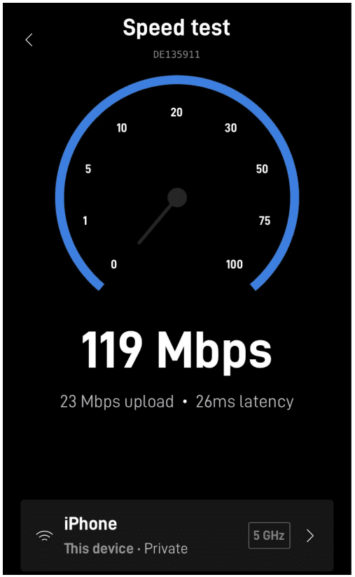 Image of the Starlink speed test performed on a smartphone