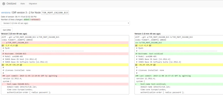 Viewing Oxidized network backup diff versions in the web UI.