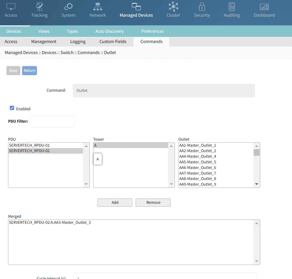 Mapping the selected serial port to Outlet 3 on PDU 2.