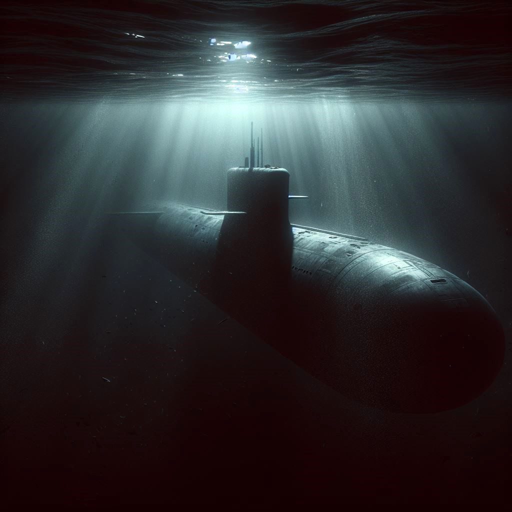 A dark and ominous underwater scene featuring a large submarine submerged in deep ocean waters. The